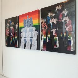 (side view) The Kids are Fine Triptych Drawing and Painting with Plexiglass on Birch Panels $3500.00