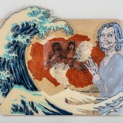 Wisdom and Wave 24"X36" Acrylic painting on birch panel with drawing on vellum layered with enamel painted plexiglass SOLD